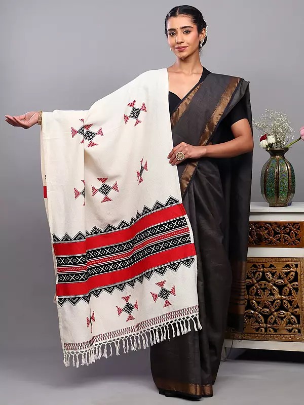 Cotton Shawl from Tamil Nadu with Toda Embroidery
