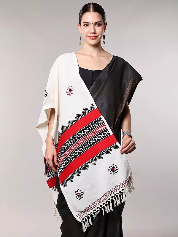 Toda Embroidered Cotton Scarf from Tamil Nadu