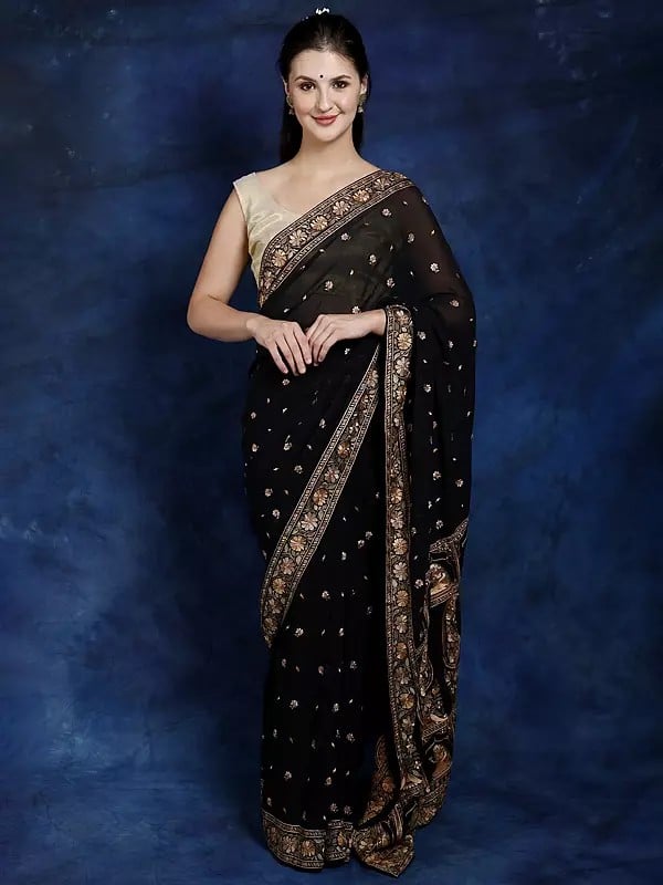 Bristol-Black Ari-Embroidered Georgette Saree from Gujarat