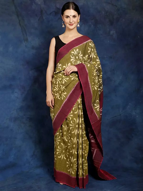 Olive-Branch Pure Cotton Handloom Saree from Pochampally with Ikat Weave All-over
