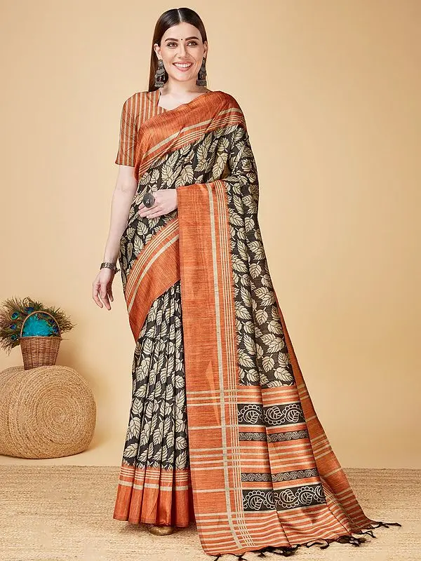 Women's Leaf-Pattern Sofi Silk Saree With Contrast Border
