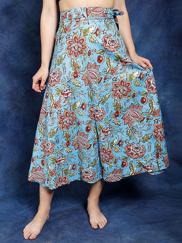 River-Blue Wrap Around Pure Cotton Long Skirt with All-Over Print