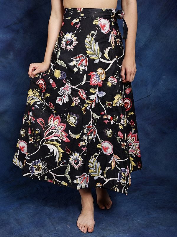 Black-Sand Wrap Around Long Skirt with Printed Multicolor Flowers