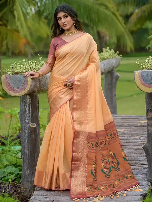 Jacquard  Weaving  Linen Cotton Saree With Contrast Tassels Pallu