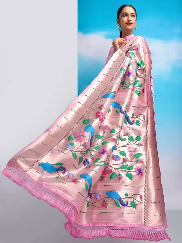 Flower Pattern Zari Woven Paithani Silk Saree With Attractive Tassels Pallu And Blouse