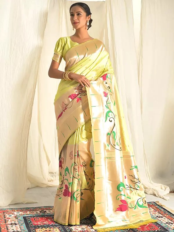 Meenakari Zari Woven Floral Pattern Paithani Silk Saree With Blouse