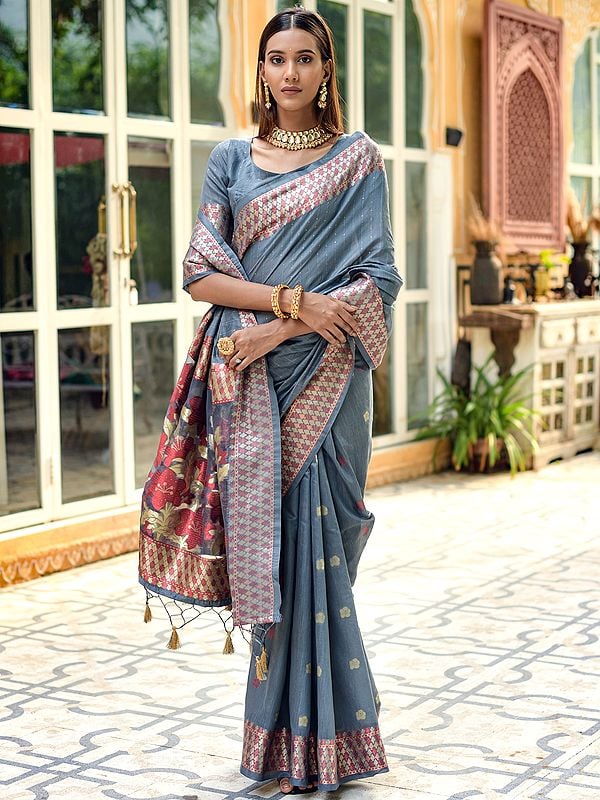 Cotton Silk Zari Woven Saree With Attractive Border And Floral Pallu For Festivals