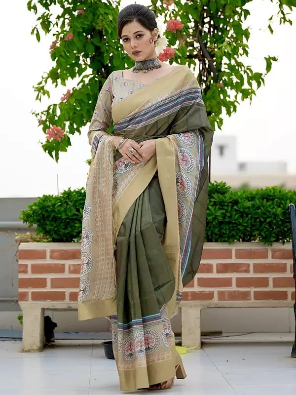 Digital Printed Tussar Silk Saree with Broad Border and Warli-Art Pallu