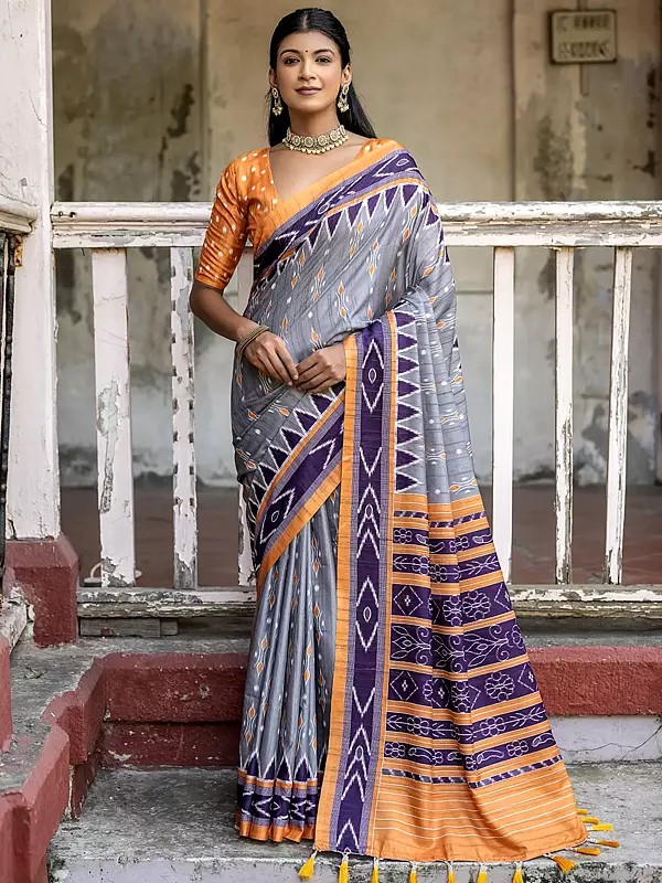 Ikat Pattern Printed Border Zari Woven Cotton Silk Saree with Tassels Pallu and Blouse