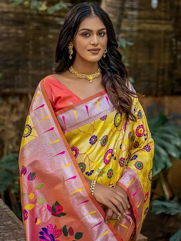 sari All Over Floral Motif Meenakari Zari Woven Saree in