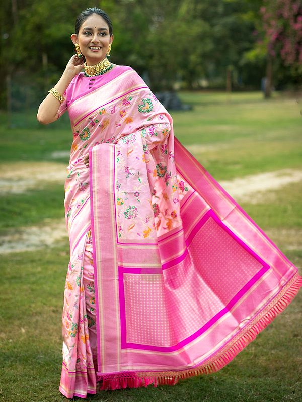 Meenakari Zari Woven Banarasi Silk Saree With Flower Pattern And Blouse