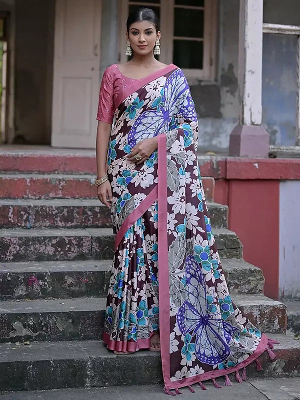 Flower Printed Cotton Silk Saree With Blouse And Tassels Pallu For Women