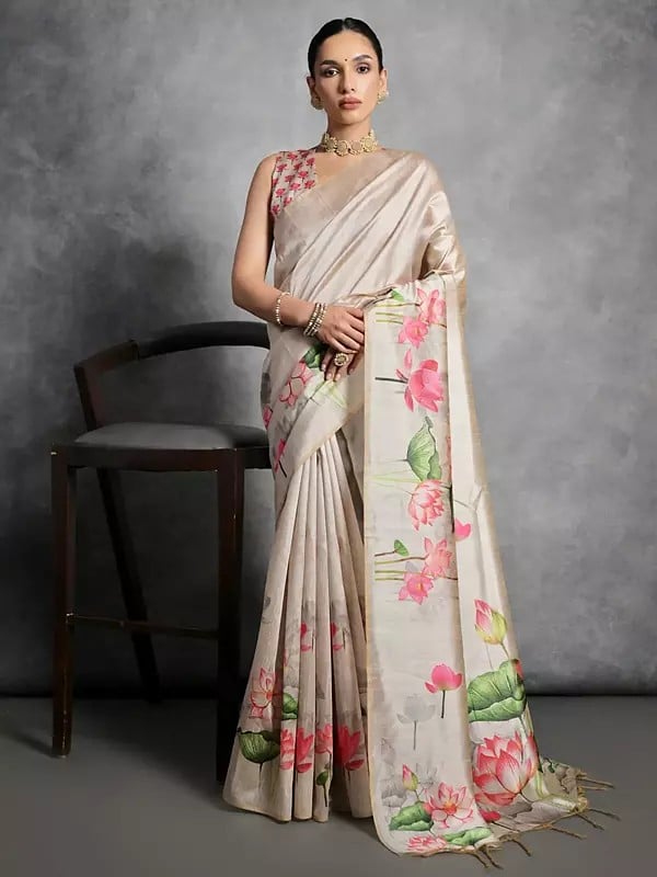 Lotus Flower Printed Saree In Soft Tussar Silk With Blouse And Tassels Pallu