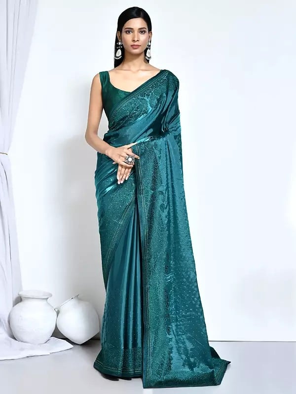 Floral Embroidered Stone Border Larkspur Satin Silk Saree With Blouse