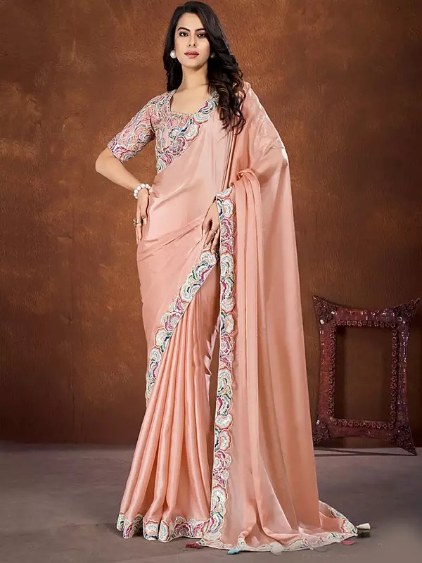 Crepe Satin Silk Sequence Embroidered Peach Nectar Saree With Stitched Blouse