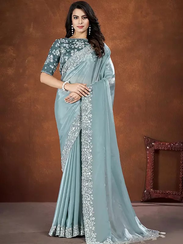 Colonial Aqua Crepe Satin Silk Embroidered Saree With Stone Moti Work In Border And Stitched Blouse