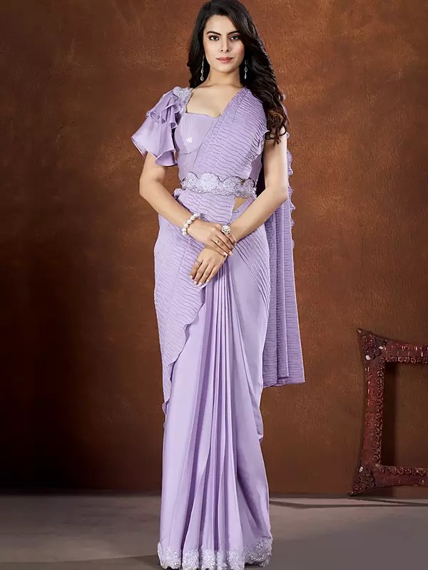 Crepe Satin Silk Embroidered Saree With Right Sholder Designer Blouse