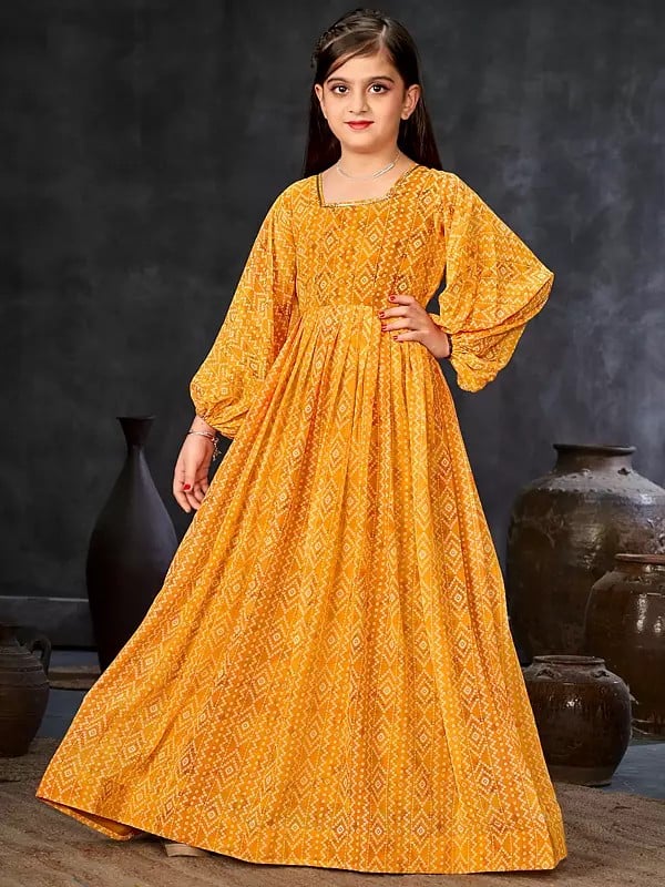 Radiant Yellow Georgette Heavy Digital Printed Traditional Pattern Anarkali Gown For Kids