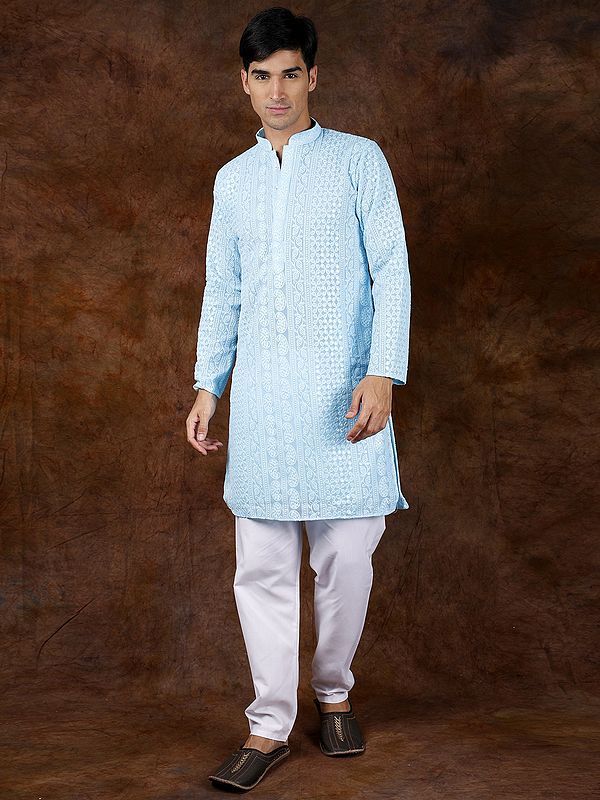 Lukhnavi Chikan Kurta Pajama Set with Embroidered Paisleys