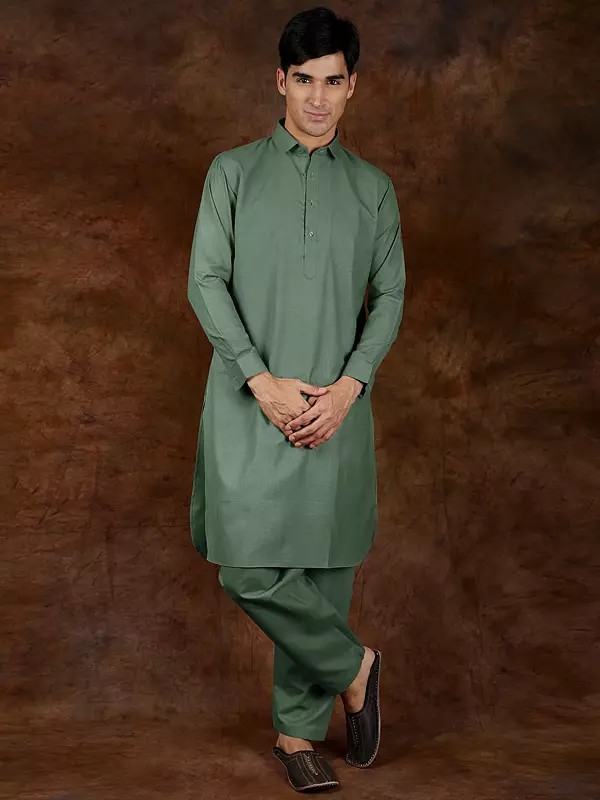 Plain Pure Cotton Pathani Kurta Pajama Set with Front Pocket