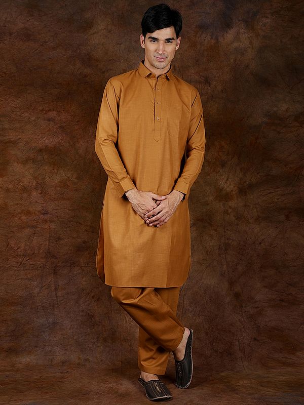 Plain Pure Cotton Pathani Kurta Pajama Set with Front Pocket