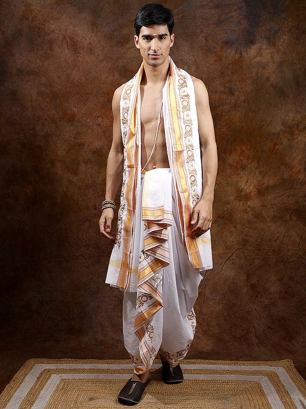 Plain Dhoti and Angavastram Set with Embroidered Border