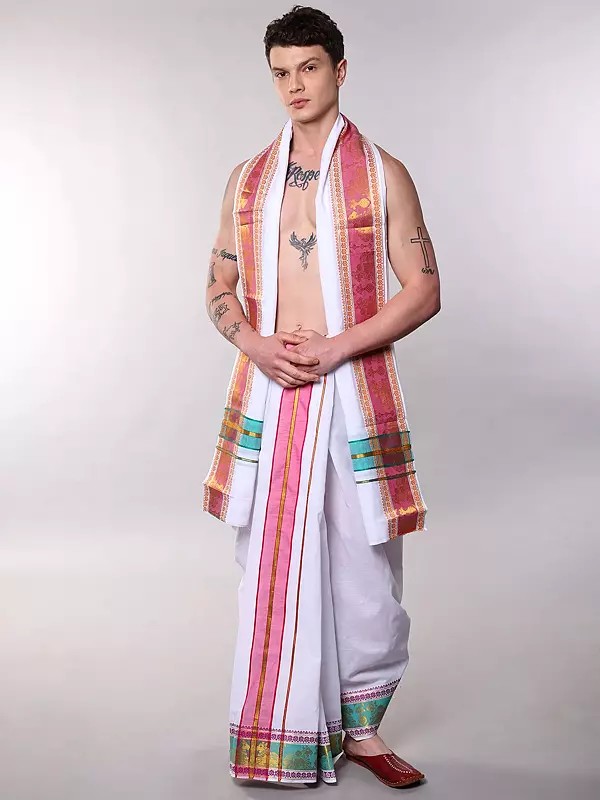 Winter-White Traditional Dhoti and Angavastram Set with Woven Nandi on Border