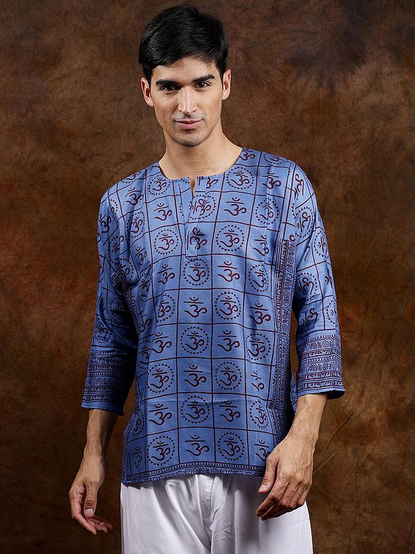 Federal-Blue Sanatan Dharma Short Kurta with Printed Om (Unisex)