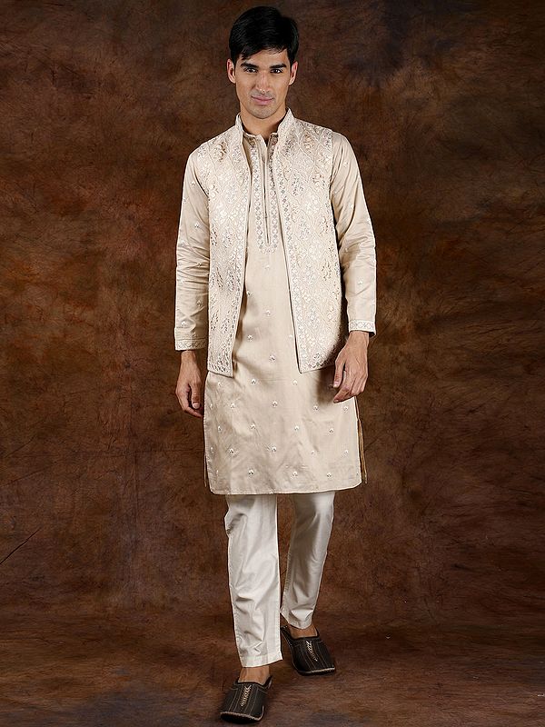 Creme-Brulee Wedding Kurta Pajama Set with Parsi Embroidery on Jacket in Pastel Hues