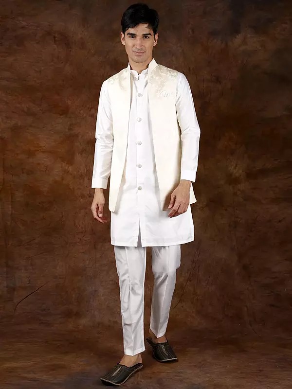 Three-Piece Kurta Pajama Set with Brocaded Front Open Waistcoat