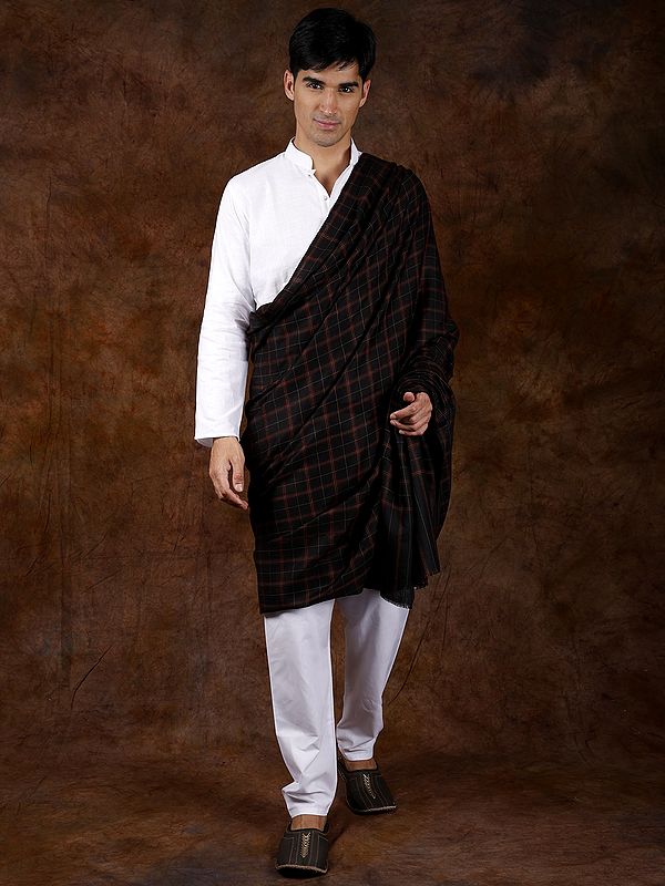 Jet-Black Pure Wool Shawl from Kashmir with Woven Plaids