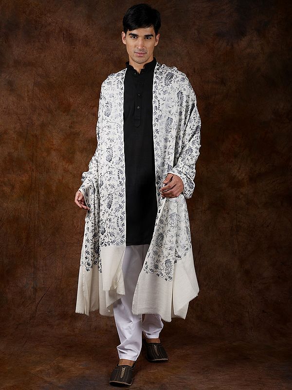 Pure Wool Men's Shawl from Amritsar with Aari Embroidered Paisley Jaal on All-Over