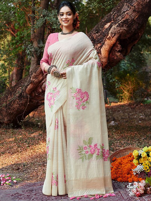 Flower Pattern Cotton Saree With Blouse And Tassles Pallu For Lady