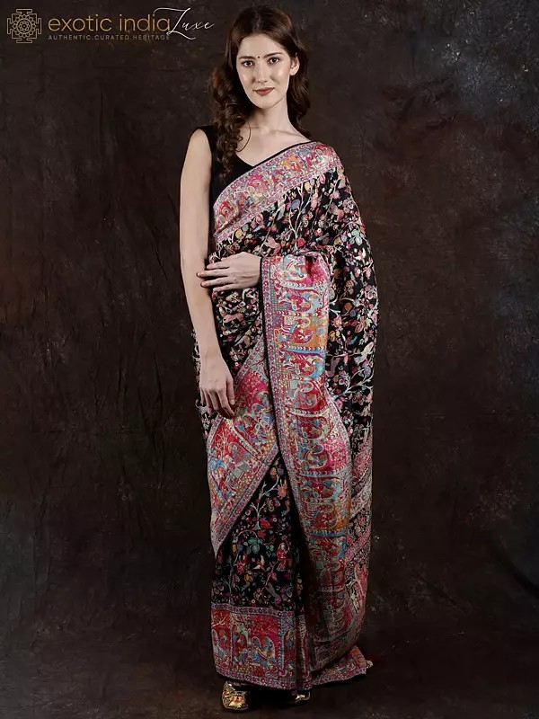 Superfine Pirate-Black Kani Handloom Saree from Kashmir with Woven Jungle Scene