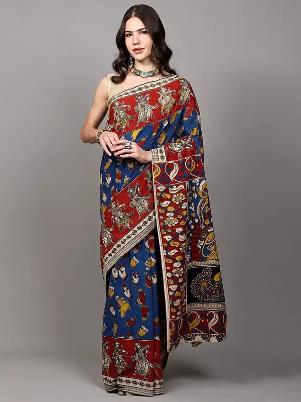 Pure Cotton Kalamkari Saree from Telangana with Hand-Painted Kathak Hand Mudras and Radha Krishna