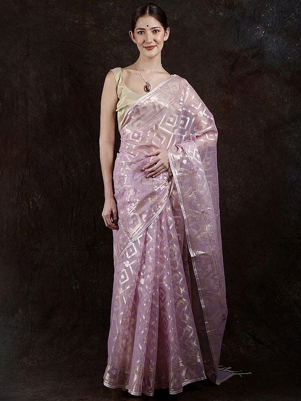 Light-Lilac Dhakai Jamdani Handloom Summer Saree from Bangladesh with All-Over Zari Weave