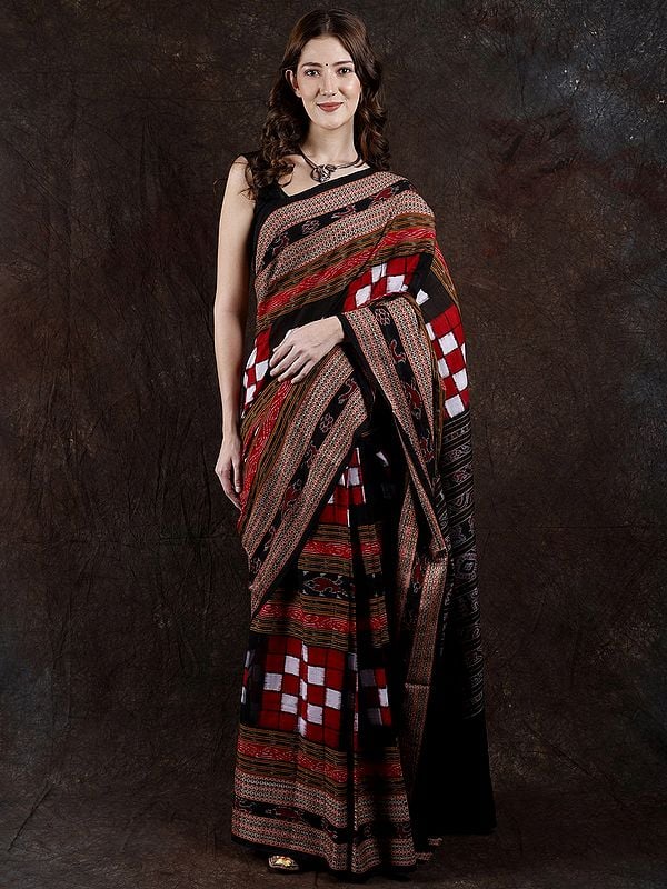 Black and Red Ikat Handloom Sambalpuri Saree from Orissa with Woven Checks and Rudraksha Border