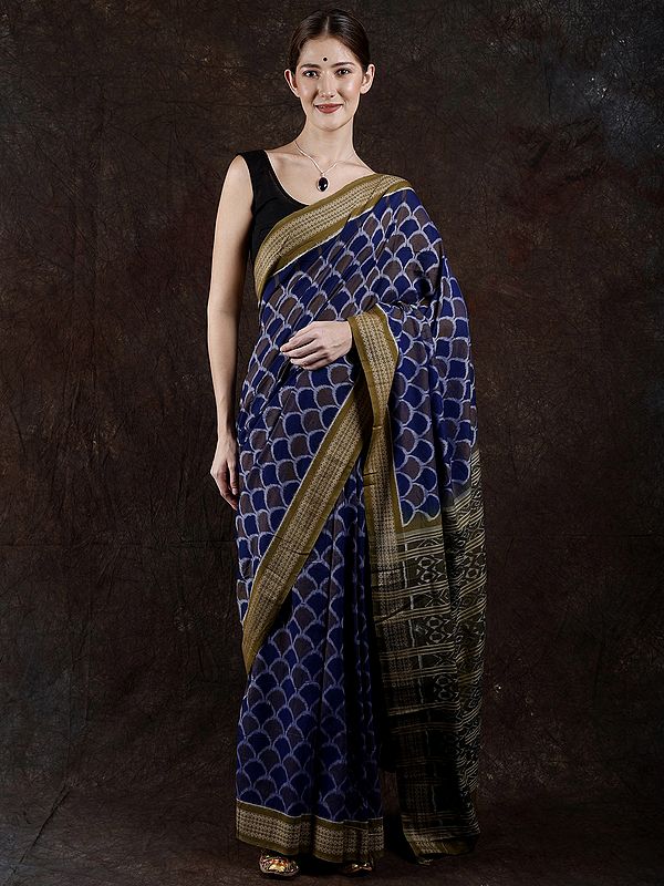 Pure Cotton Clamshell Pattern Ikat Handloom Saree from Sambalpur with Rudraksha Border