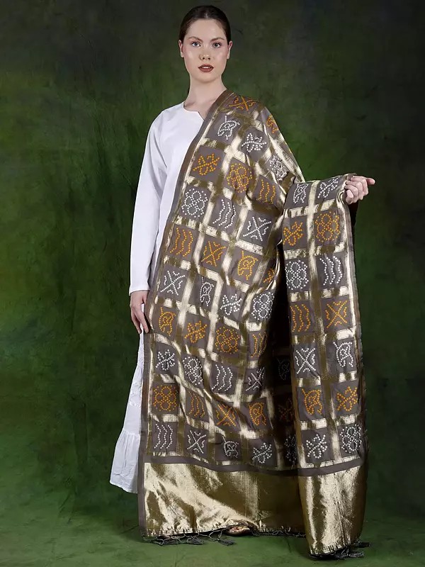Bandhani Gharchola Dupatta from Gujarat with Zari Woven Checks