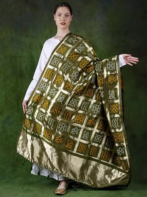 Bandhani Gharchola Dupatta from Gujarat with Zari Woven Checks