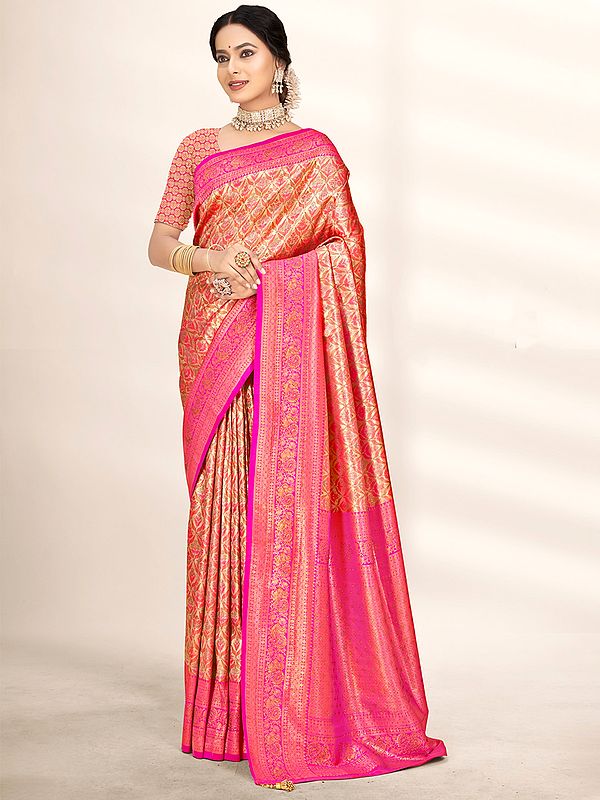 Banarasi Silk Saree Flower Pattern  With Blouse And Tassles Pallu For Lady