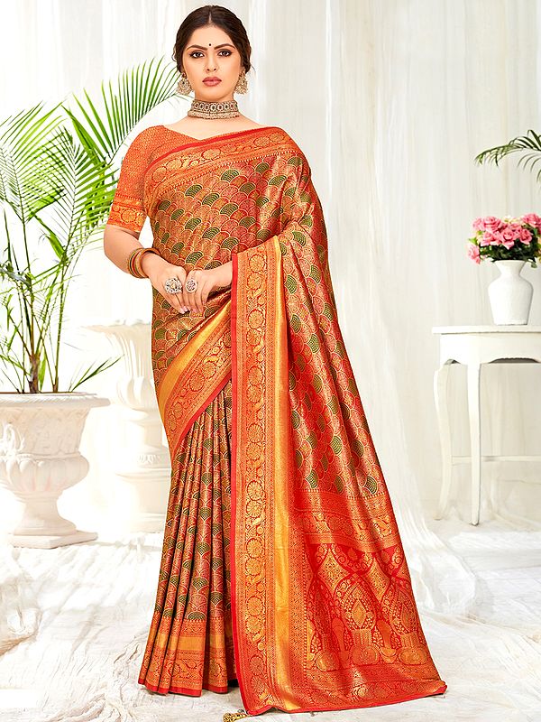 Flower Pattern Banarasi Silk Saree With Blouse And Tassles Pallu For Lady
