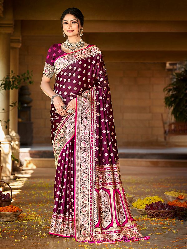 Fancy Satin Silk Saree Flower Pattern  With Blouse And Tassles Pallu For Lady