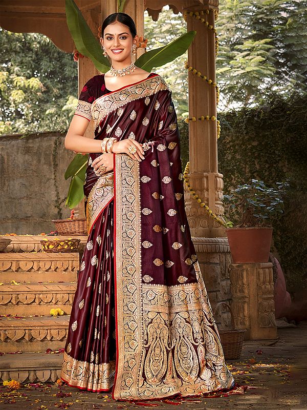 Satin Silk Saree Flower Pattern  With Blouse And Tassles Pallu For lady