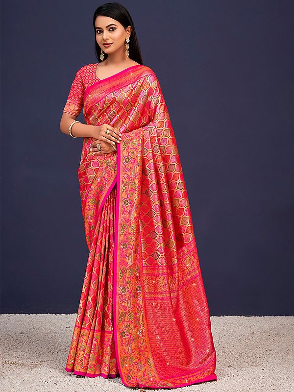 Banarasi Silk Saree Flower border  With Blouse And Tassles Pallu For Lady