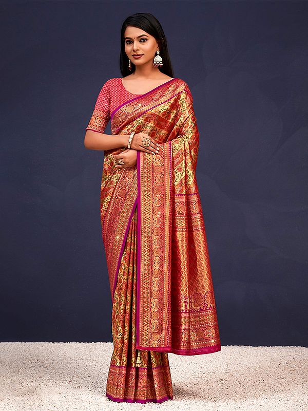 Banarasi Silk Saree Flower Pattern  With Blouse And Tassles Pallu For Lady