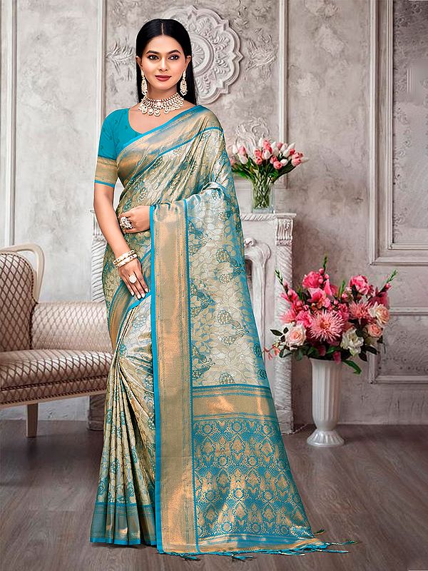 Peacock Design Kanjivaram Silk Saree  With Blouse And Tassles Pallu For Lady