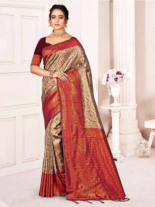 Kanjivaram Silk Saree Flower Pattern  With Blouse And Tassles Pallu For Lady