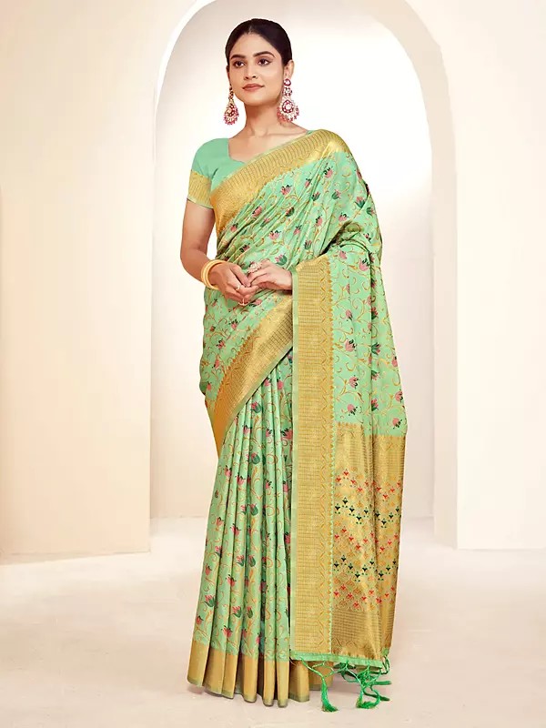 Banarasi Silk Saree Flower Design  With Blouse And Tassles Pallu For Women