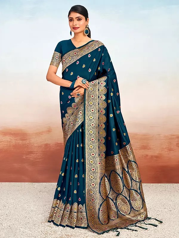 Silk Saree Flower Design  With Blouse And Tassles  For Lady